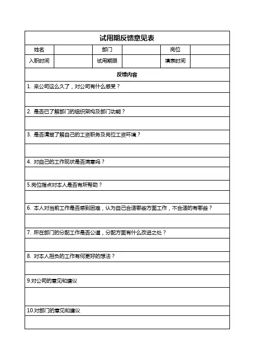 公司员工试用期意见反馈表