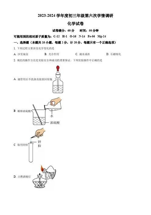 江苏省宿迁市宿城区钟吾初级中学2023-2024学年九年级下学期3月月考化学试题(原卷版)