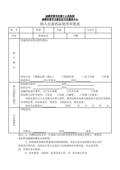 病人自备药品使用审批表