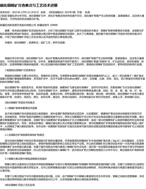 硫化铜镍矿分选难点与工艺技术进展