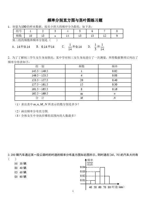 (完整版)频率分布直方图和茎叶图练习