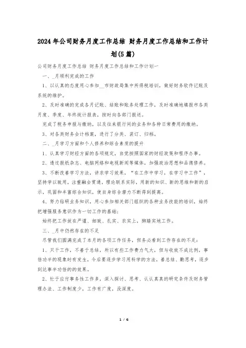 2024年公司财务月度工作总结 财务月度工作总结和工作计划(5篇)
