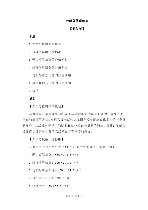 六级分值明细表