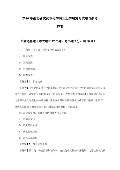 湖北省武汉市化学初三上学期2024年复习试卷与参考答案