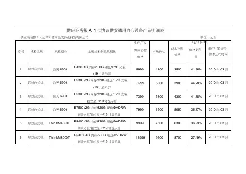 供应商所报A-1包协议供货通用办公设备产品明细表