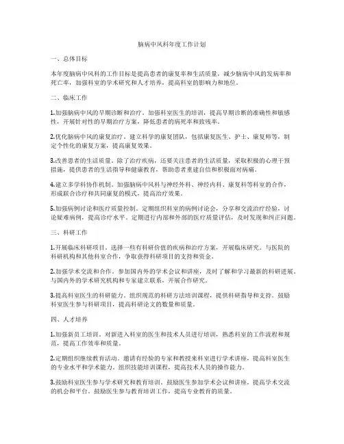 脑病中风科年度工作计划