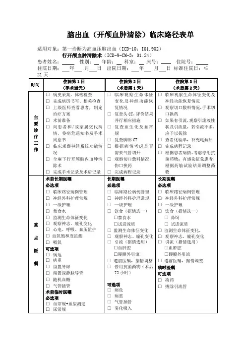 脑出血(开颅血肿清除)临床路径表单