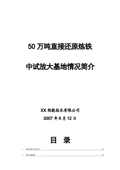50万吨直接还原炼铁中试放大基地情况简介