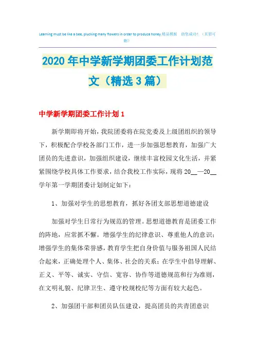 2021年中学新学期团委工作计划范文(精选3篇)