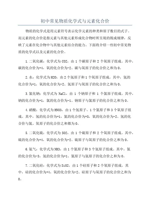 初中常见物质化学式与元素化合价
