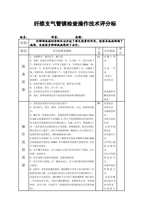 纤维支气管镜检查操作技术评分标准