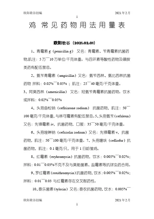 鸡常见药物用法用量表