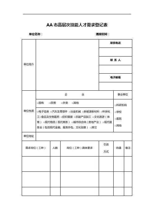 AA市高层次技能人才需求登记表