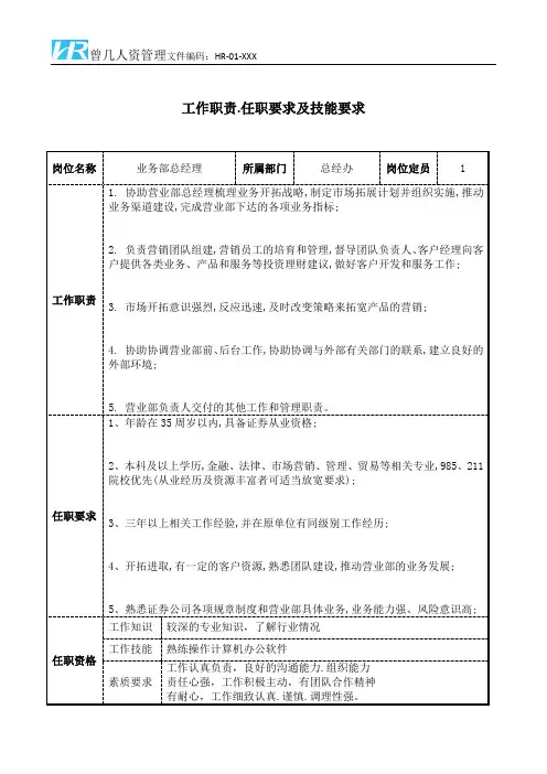 证券业务部总经理工作职责和任职要求模板
