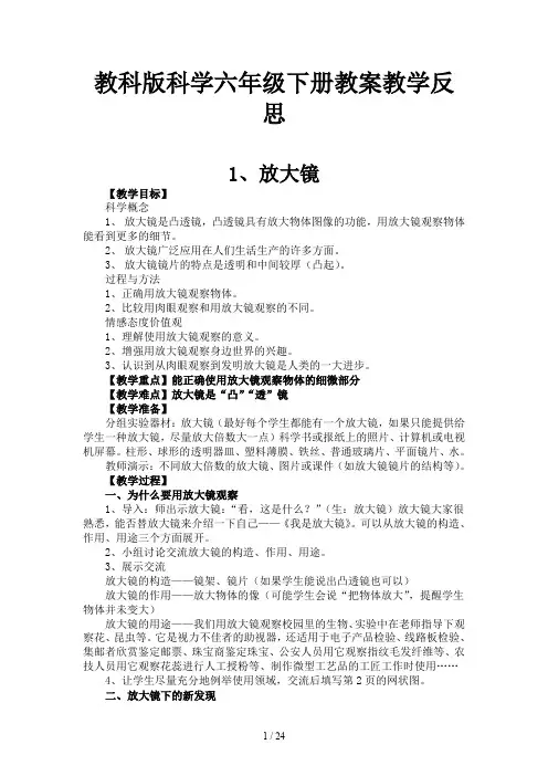 教科版科学六年级下册教案教学反思