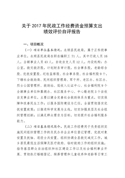 关于2017年民政工作经费资金预算支出绩效评价自评报告.doc