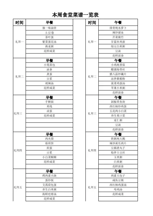 本周食堂菜谱一览表