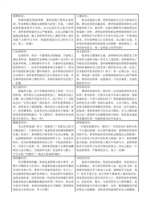 二年2班 下学期 学生评语表格版