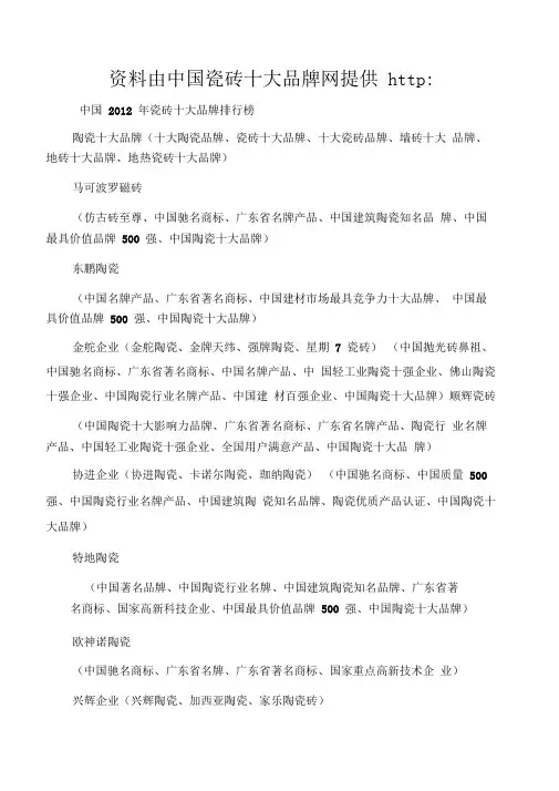 中国2012年瓷砖十大品牌排行榜