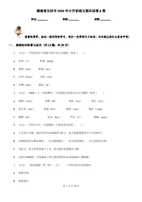 湖南省长沙市2020年小升初语文期末试卷A卷