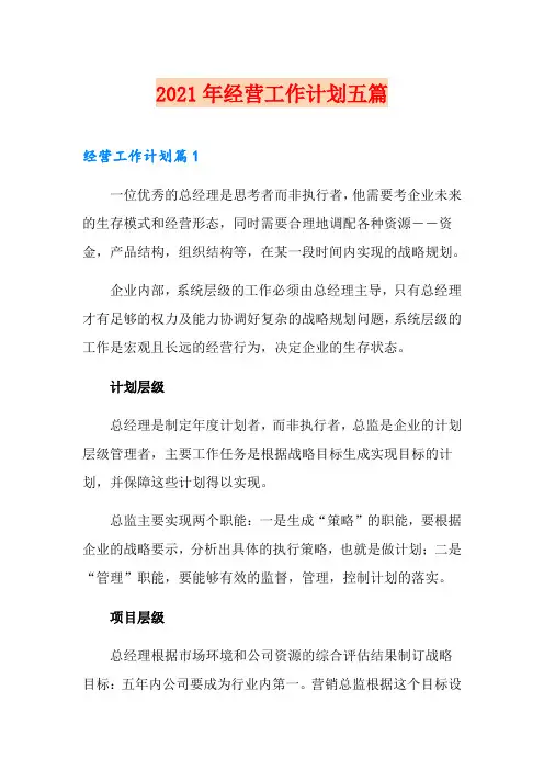 2021年经营工作计划五篇