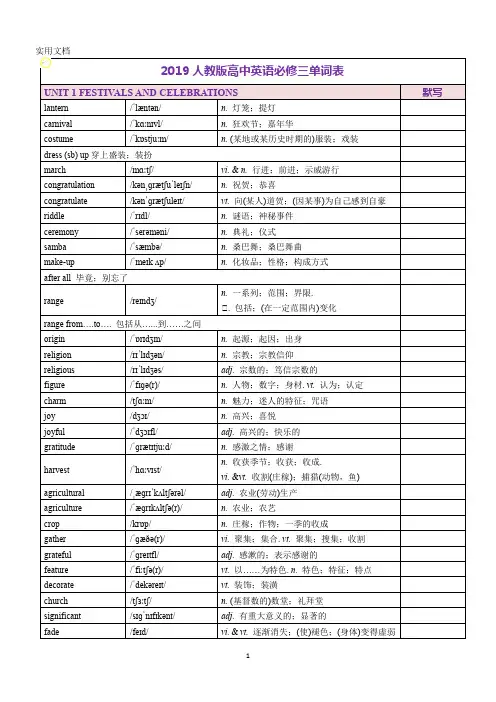 2019人教版高中英语必修三单词表带音标