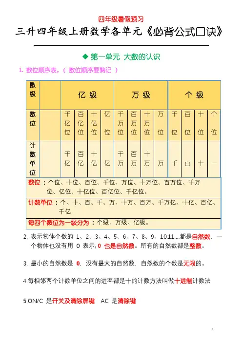 (人教版)小学四年级上册数学必背概念公式 