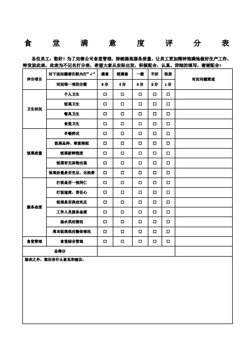 职工食堂满意度评分表