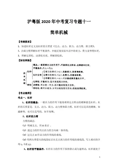 沪粤版2020年中考复习专题十一：简单机械知识点总结-习题精练+答案