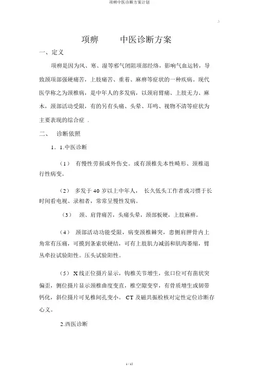 项痹中医诊疗方案计划