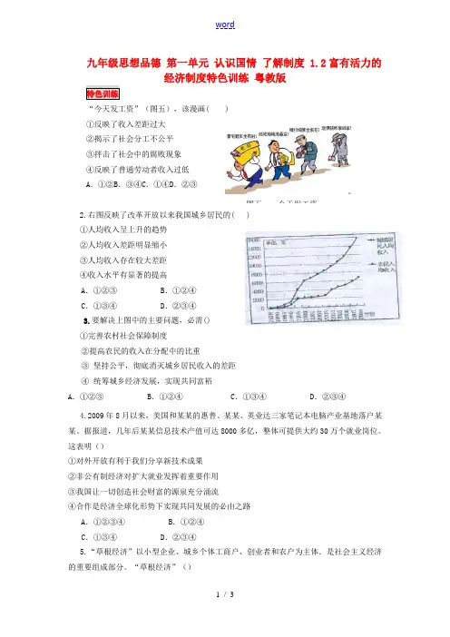 九年级思想品德 第一单元 认识国情 了解制度 1.2富有活力的经济制度特色训练 粤教版