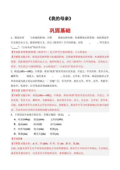 《我的母亲》(分层作业)解析版
