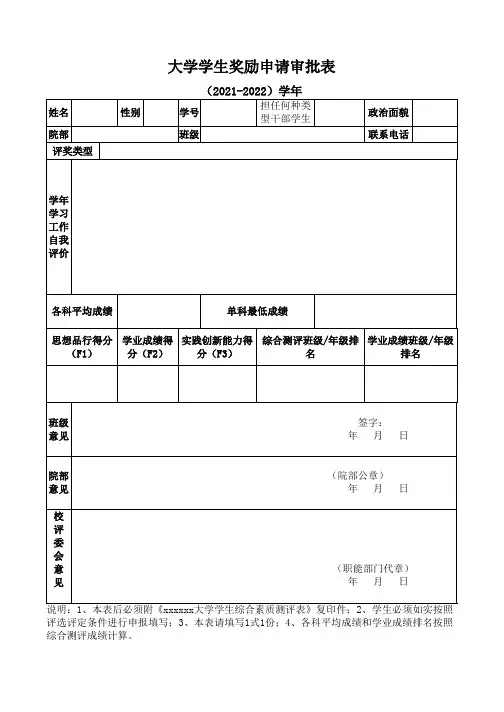 大学学生奖励申请审批表
