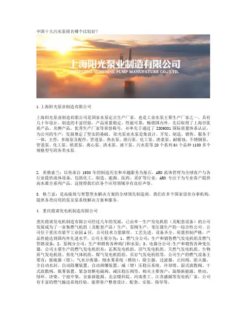 中国十大污水泵排名哪个比较好？