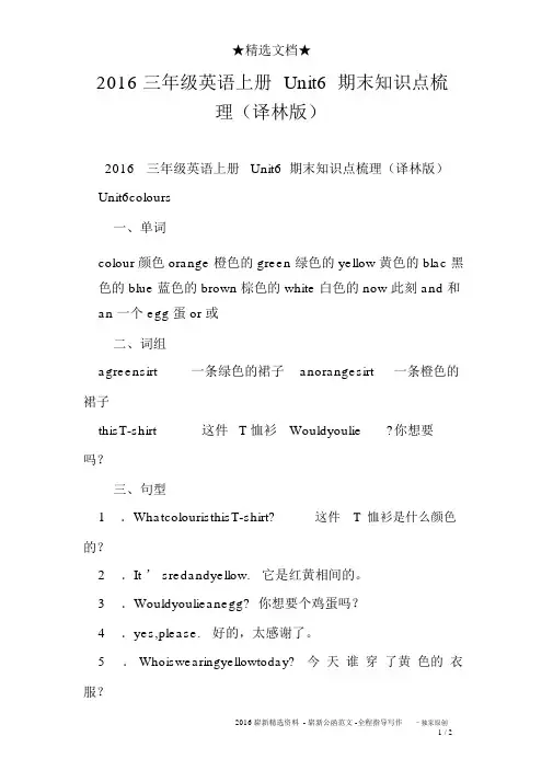 2016三年级英语上册Unit6期末知识点梳理(译林版)