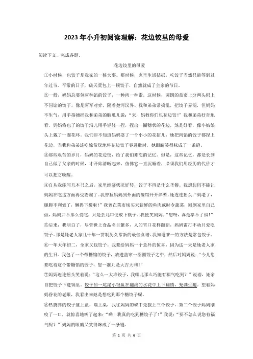2023年小升初语文阅读理解：花边饺里的母爱(附答案解析)
