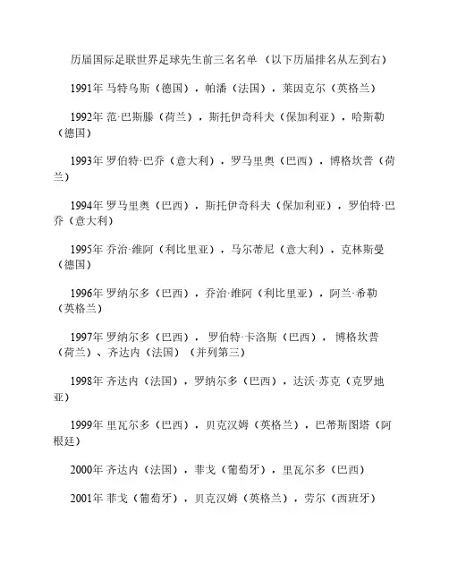历届国际足联世界足球先生    前三名名单