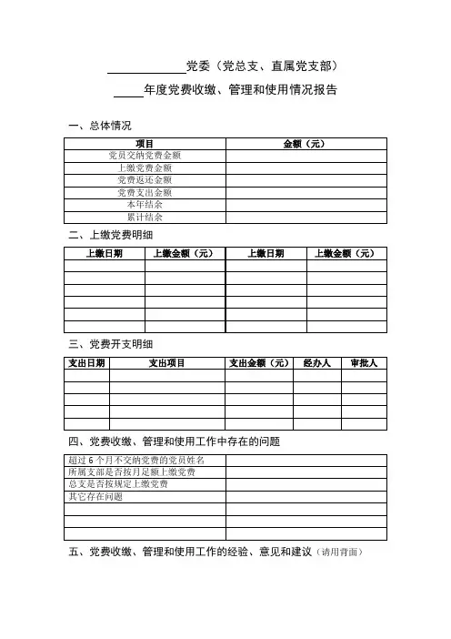 党费收缴、管理和使用情况报告(分党委、党总支、直属党支部用)