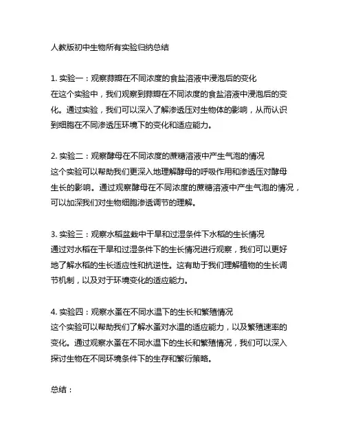 人教版初中生物所有实验归纳总结