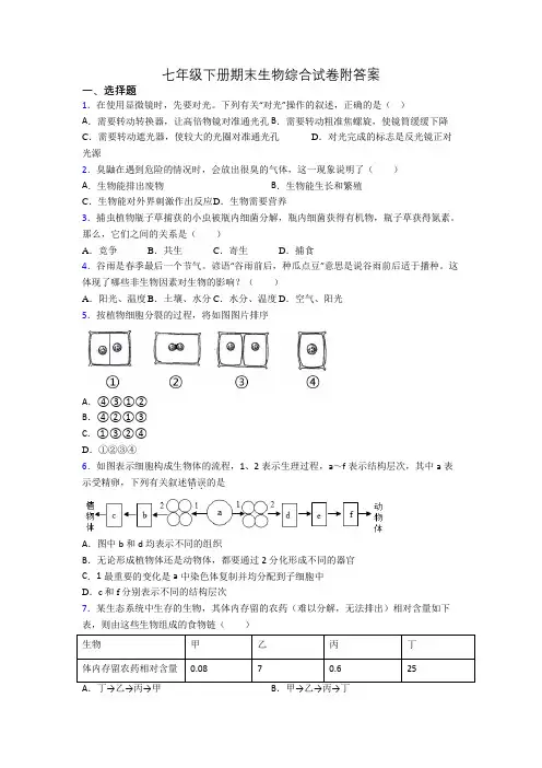 七年级下册期末生物综合试卷附答案