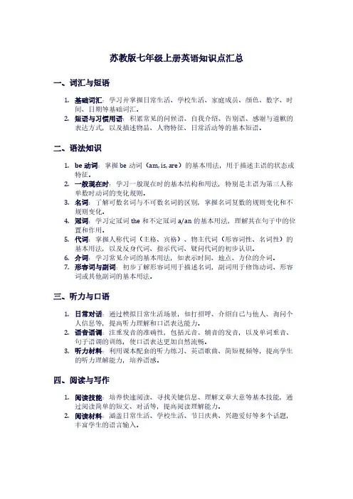 苏教版七年级上册英语知识点汇总