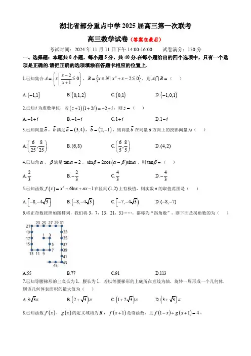湖北省武汉市部分重点中学2024-2025学年高三上学期第一次联考数学试卷含答案