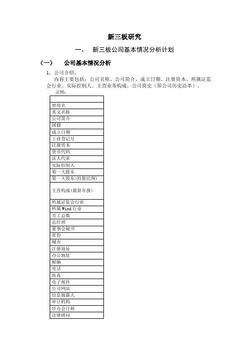 新三板公司分析模板简介(excel)