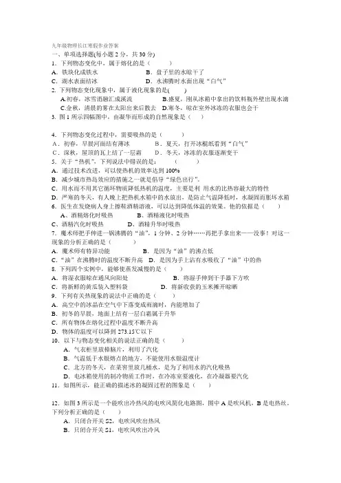 九年级物理长江寒假作业答案