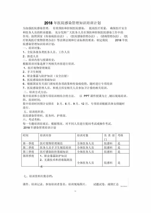【资料汇编】2018年医院感染管理知识培训计划