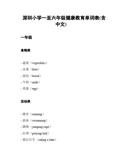 深圳小学一至六年级健康教育单词表(含中文)