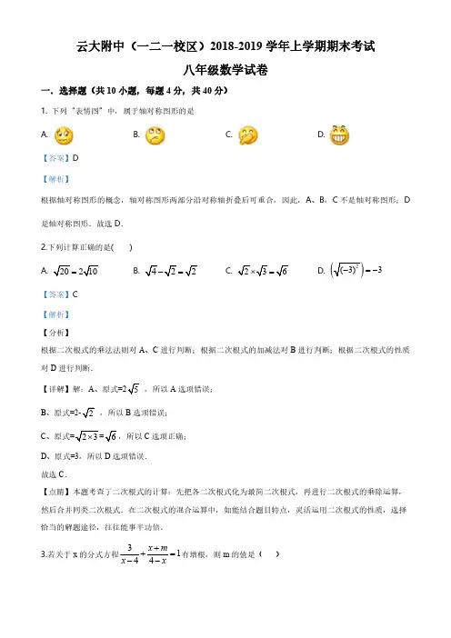 云南省云大附中(一二一校区)2018—2019学年八年级上学期期末数学试题(解析版)