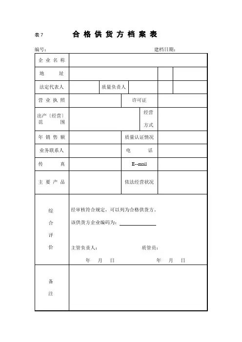 合格供货方档案表