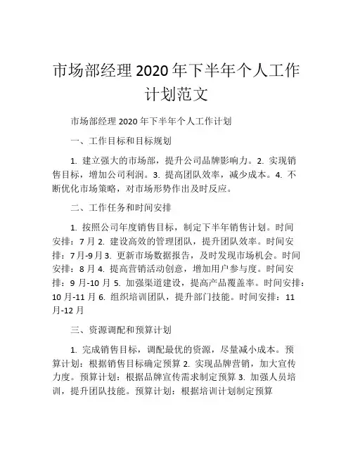市场部经理2020年下半年个人工作计划范文