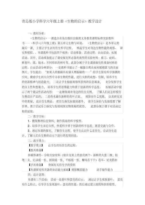 青岛版小学科学六年级上册《生物的启示》教学设计